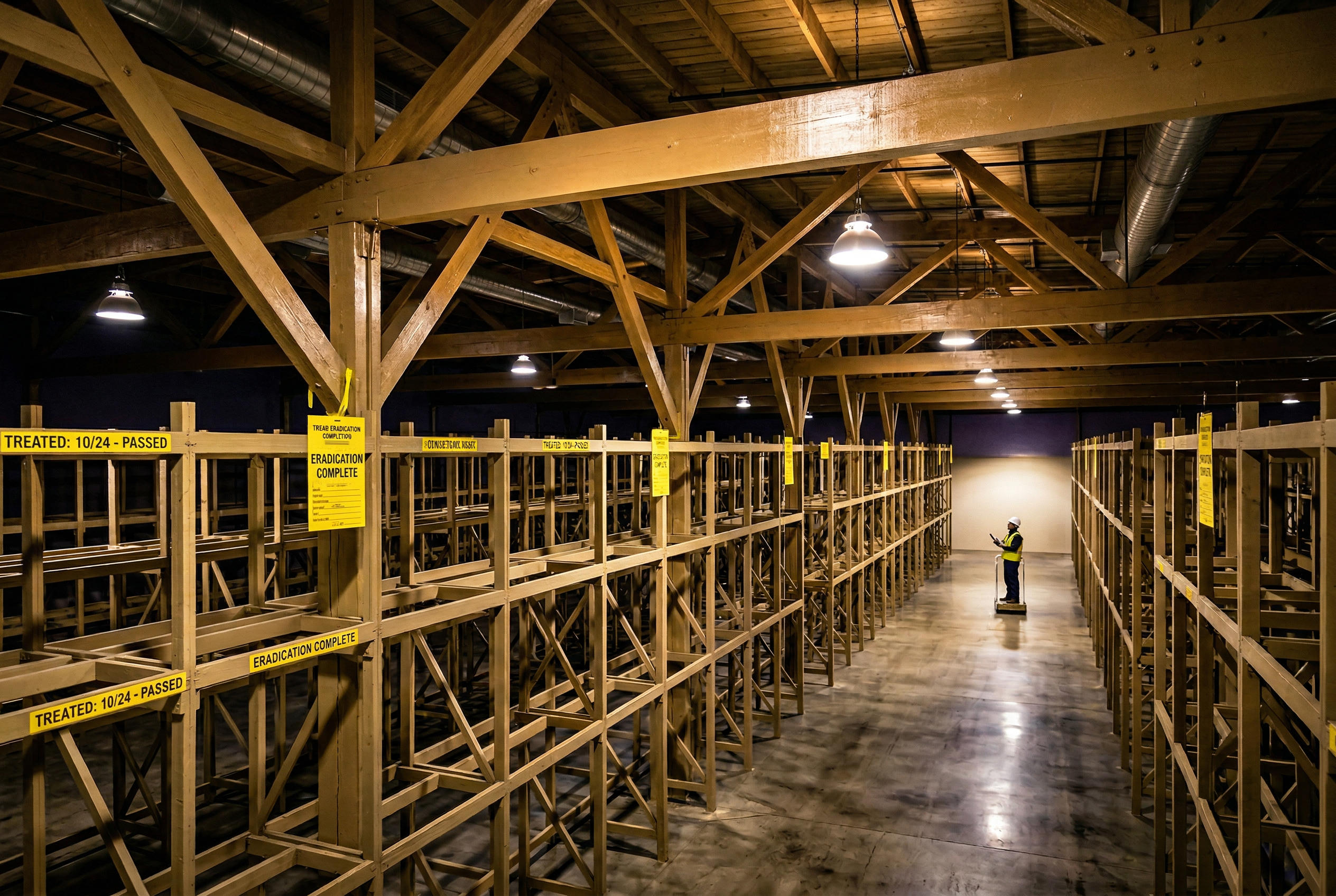 Termit tedavisi tamamlanmış geniş endüstriyel depo iç mekanı