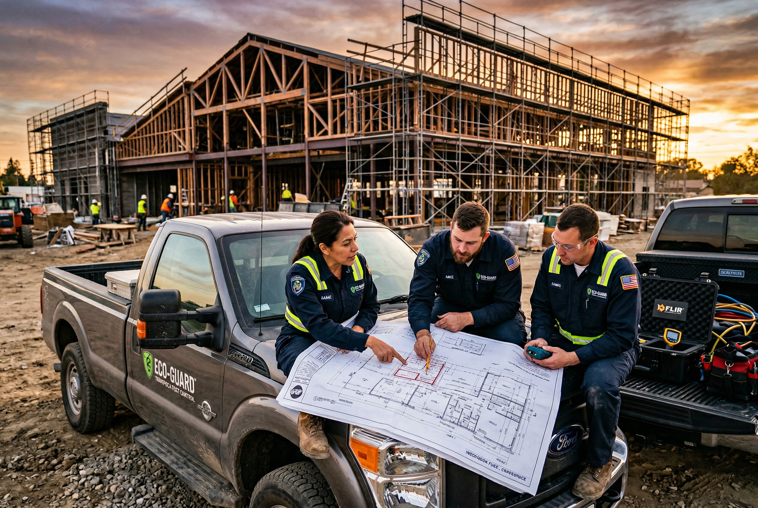 Saha ekibi inşaat alanında yapı planlarını birlikte inceliyor