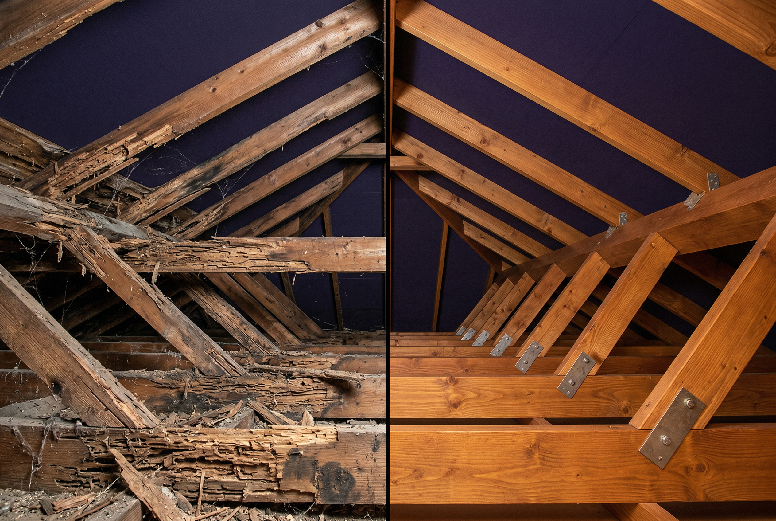 Ahşap çatı yapısının termit tedavisi öncesi ve sonrası karşılaştırması