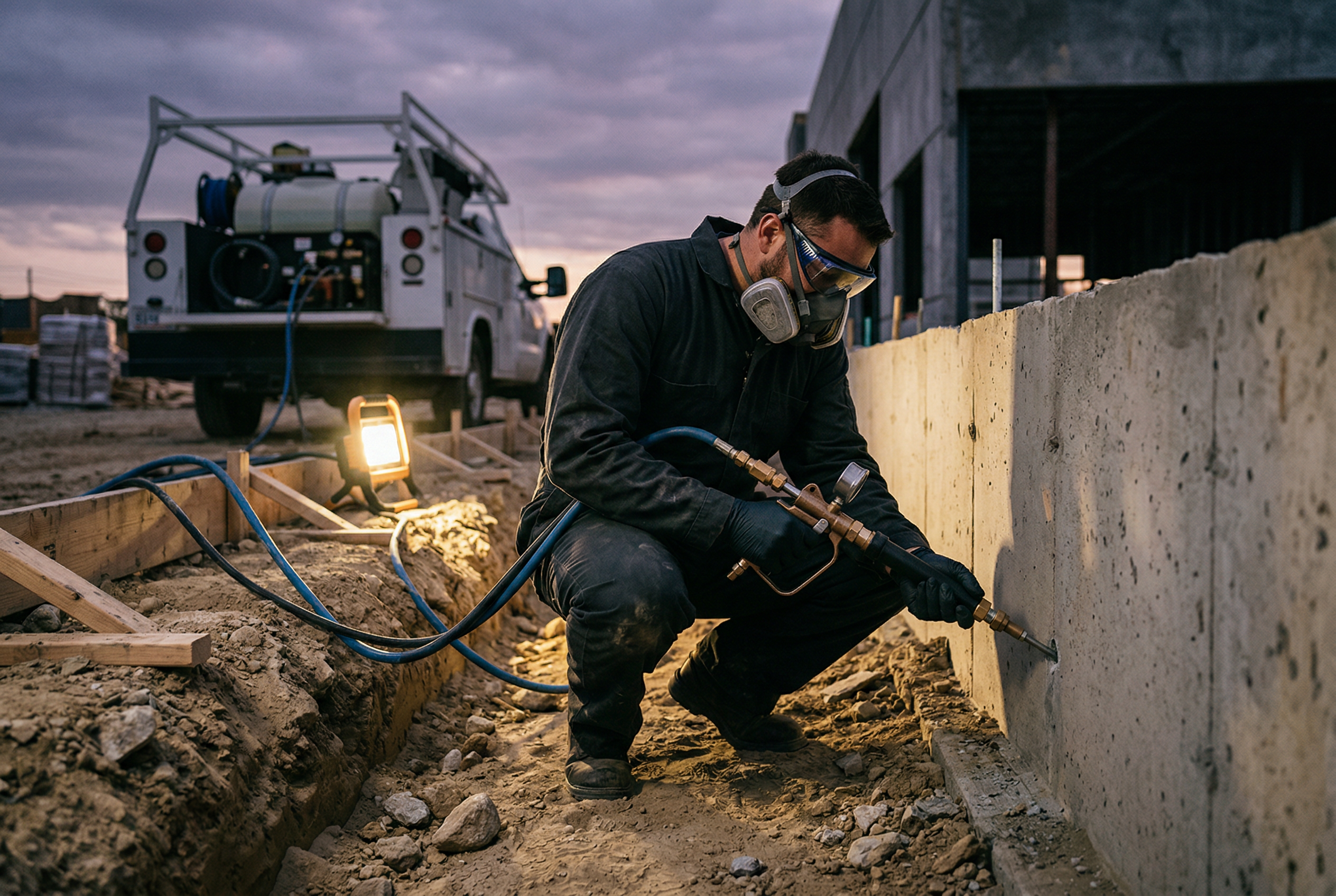 Temel duvarına yüksek basınçlı kimyasal termitisit enjeksiyonu yapan teknisyen