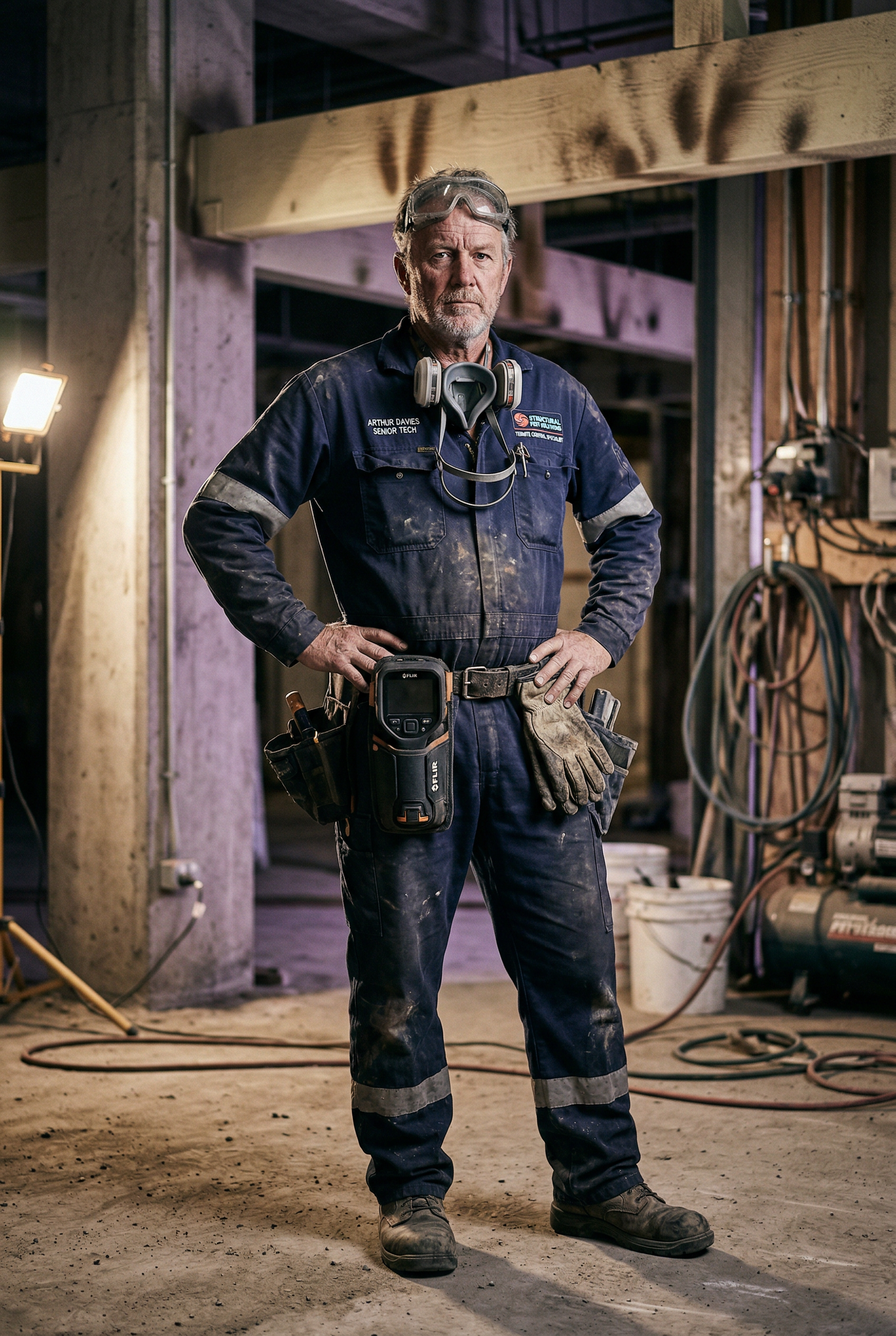 Koruyucu iş tulumu ve güvenlik ekipmanı giymiş kıdemli saha teknisyeni