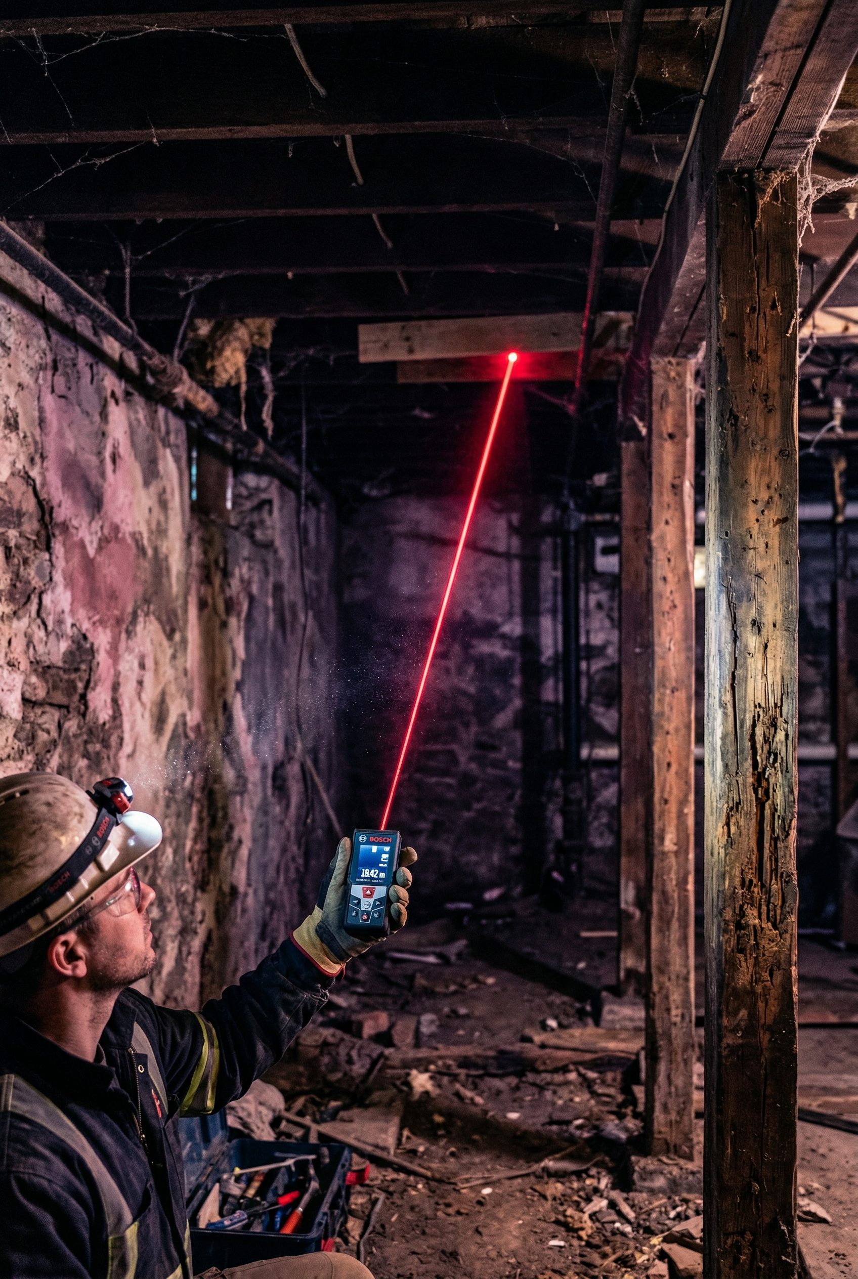 Karanlık bodrum katta lazer mesafe ölçüm cihazıyla yapısal denetim yapan teknisyen