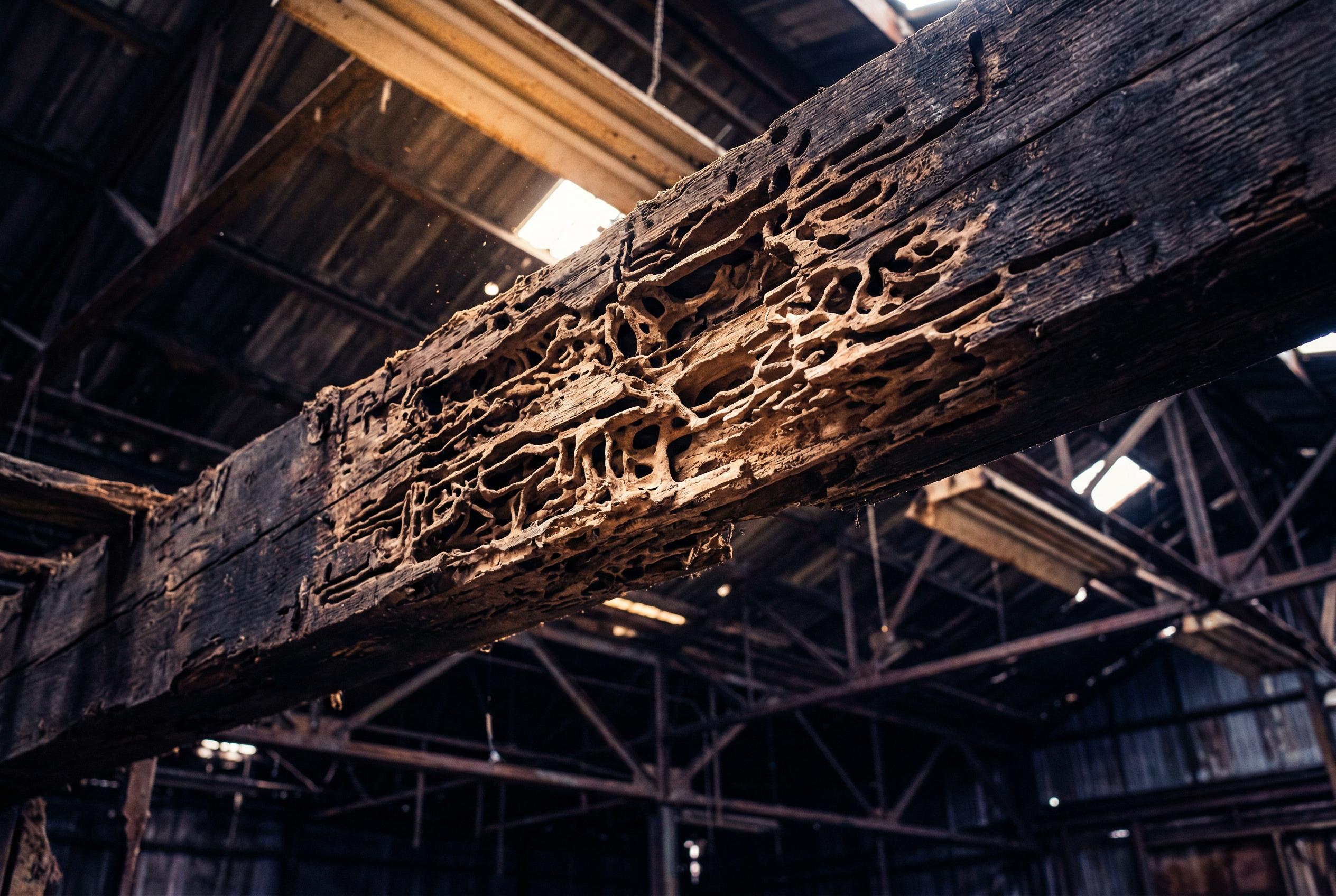 Termit hasarı görmüş endüstriyel depo ahşap kirişlerinin dramatik yakın çekimi