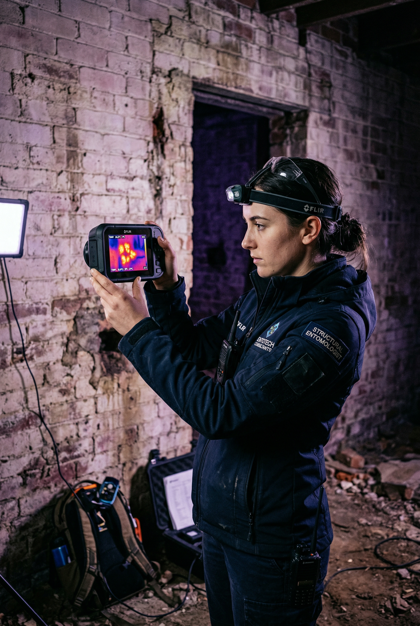 Termal kamera ile duvar taraması yapan genç yapısal entomolog