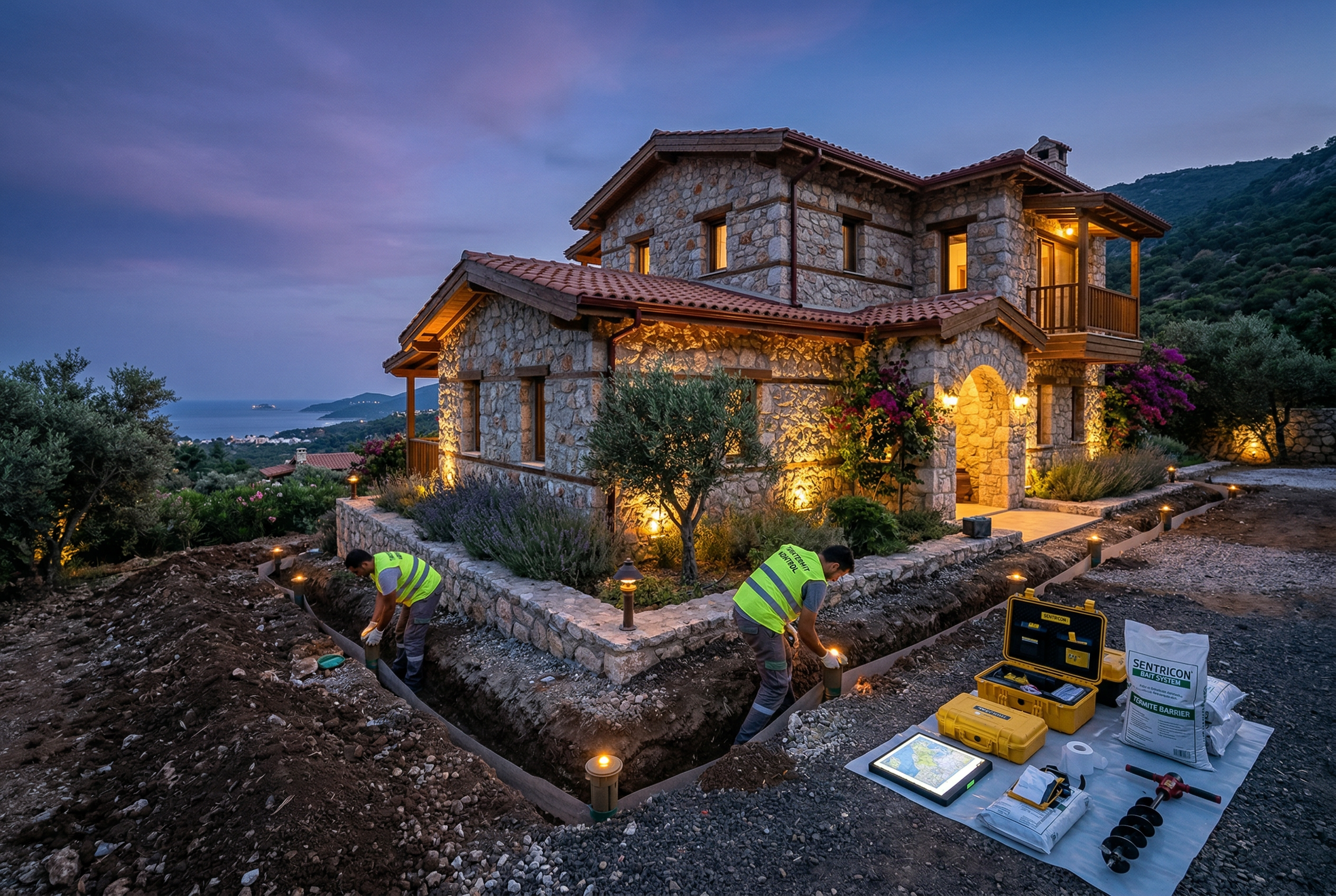 Akdeniz villası çevresinde alacakaranlıkta termit koruma sistemi kurulumu